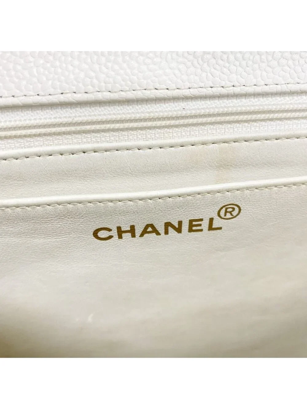 Chanel Shoulder Bag Quilted Caviar Leather White Gold